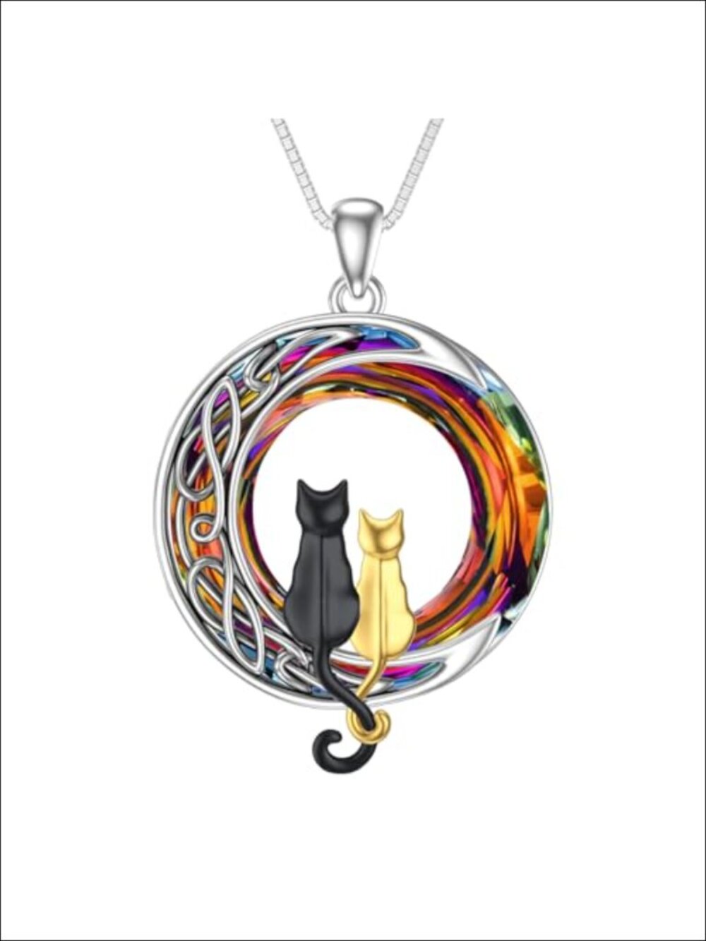 Sterling Silver Cat Necklace Two Cats Moon Pendant Women Gift
